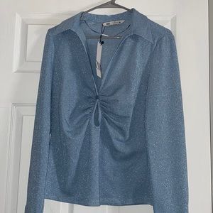 A NWT Zara Open detailed ruched top light blue